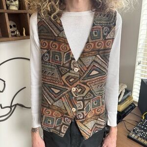 Vintage 90s Earthy Abstract Three-Button Tapestry Vest ~ Size XL